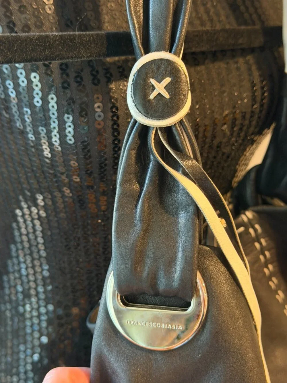 Francesco Biasia Black Leather Hobo Bag Slouchy Shoulder Bag Contrast Stitch